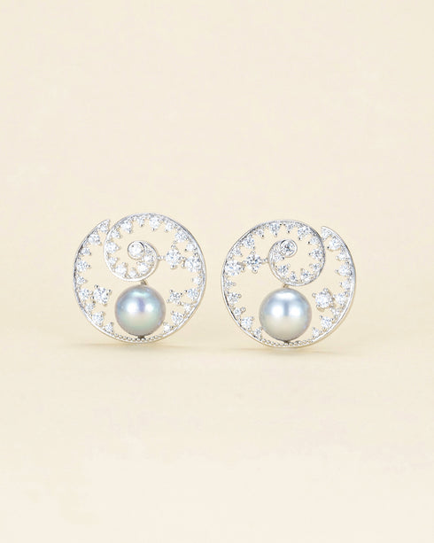8–9mm Silver Blue Pearl Spiral Zirconia Stud Earrings